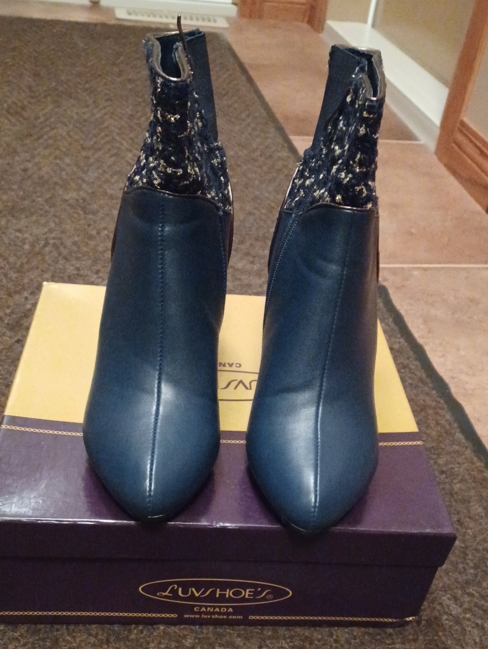 Navy Leather Pointed Ankle Booties with Tweed Collar